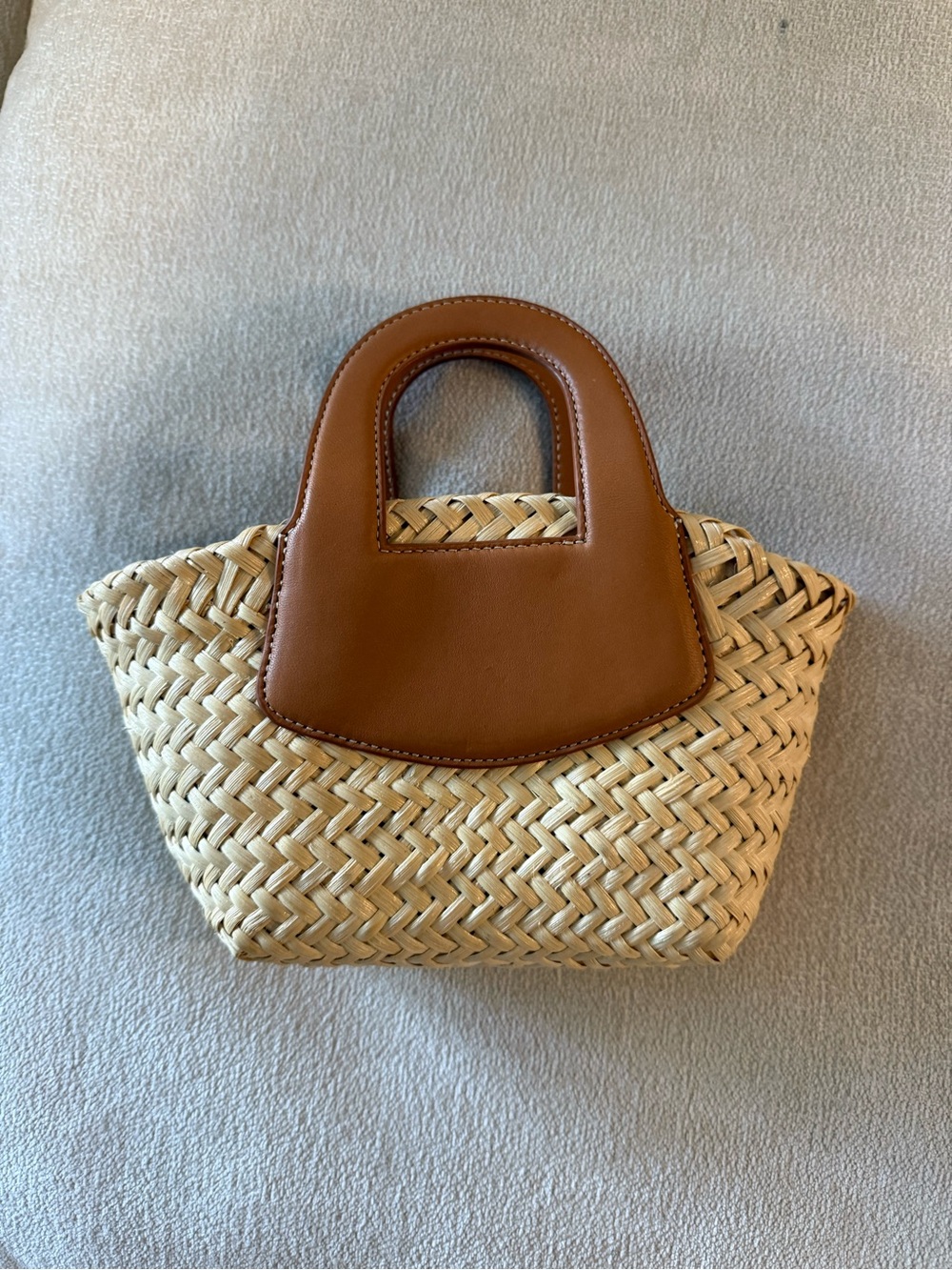 Woven Mini Straw Bag with Tan Leather-Style Handles - Picture 2 of 5